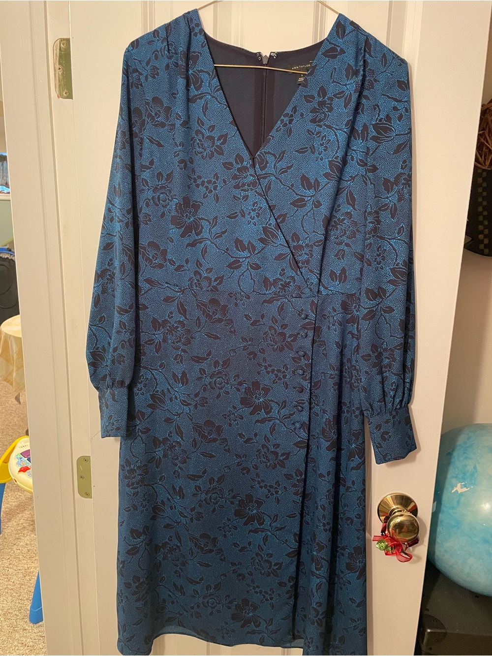 Ann Taylor Teal-Blue Floral Midi Wrap Dress with Button Details